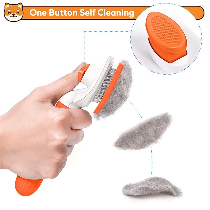 Dog & Cat Brush, Self Cleaning Slicker Brush for Pets, Upgraded Dog Brush for Shedding Massaging and Grooming, Removes Loose Undercoat & Portable Comb for Long Short Haired Dogs(Orange)