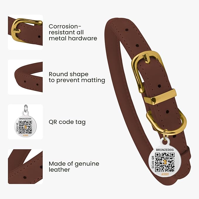 BRONZEDOG Rolled Leather Dog Collar with QR ID Tag Adjustable Soft Round Collars for Small Medium Large Dogs Puppy Cat (16" - 19" Neck Size, Cognac Brown)
