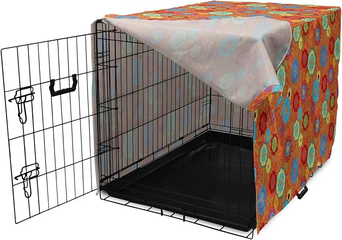 Ambesonne Floral Dog Crate Cover, Continuous Art Abstract Flowers and Outline Curls Leaves Print, Easy to Use Pet Kennel Cover for Cats & Medium Dogs, 30 Inch, Burnt Orange Multicolor