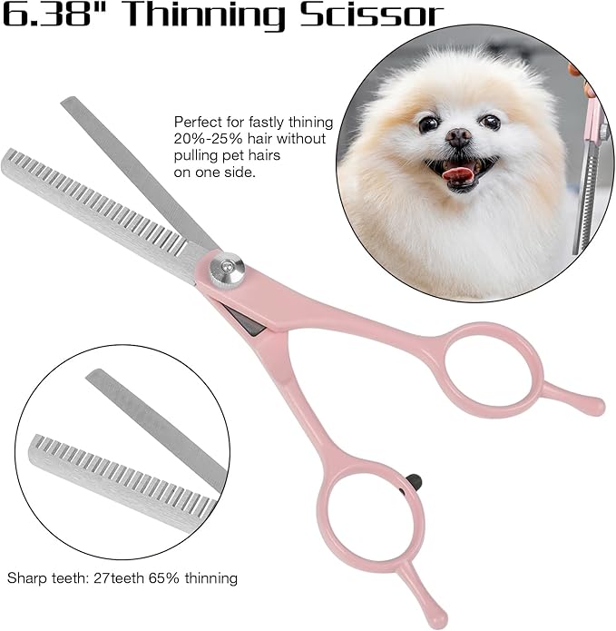 Professional Dog Grooming Scissors Set, 4 in 1 Dog Grooming Scissors Kit, Curved Dog Scissors Pet Thinning Shears, Pink