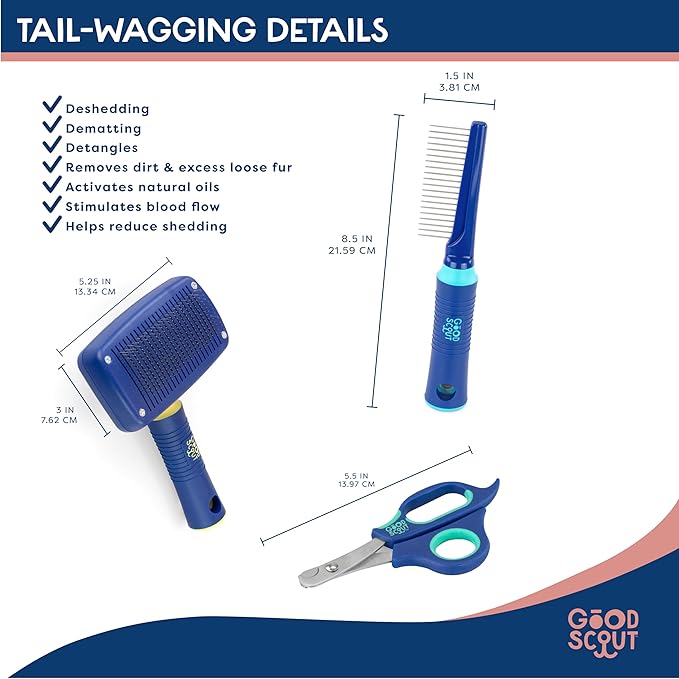 Good Scout 3-Piece Grooming & Deshedding Set with Pet Comb, Self-Cleaning Slicker Brush & Pet Nail Clippers, Best Deshedding Tool for Long or Short Haired Dogs & Cats, Gentle & Safe Grooming Tool