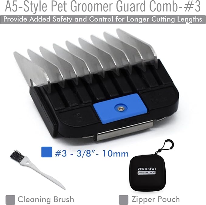 Professional A5 Style Animal Clipper Stainless Steel Color-Coded Snap-on Attachment Guard Guide Comb, 1/8"-1" Compatible with Wahl KM Series Oster A5 Andis Detachable Blade Pet Groomers (#3 - 3/8")