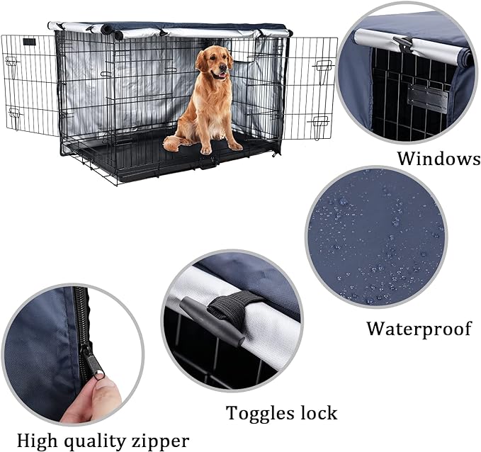 Senmortar Double Door Dog Crate Cover Wire Dog Cage Cover Waterproof Durable Lightweight 420D Polyester for Pet Crates Dark Blue 48 inches