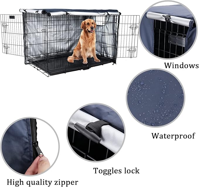 Senmortar Double Door Dog Crate Cover Wire Dog Cage Cover Waterproof Durable Lightweight 420D Polyester for Pet Crates Dark Blue 36 inches