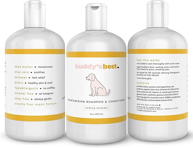 Buddy's Best Dog Shampoo for Smelly Dogs - Skin-Friendly, Oatmeal Dog Shampoo and Conditioner for Dry and Sensitive Skin - Moisturizing Puppy Wash Shampoo, Calming Lavender Scent, 16oz