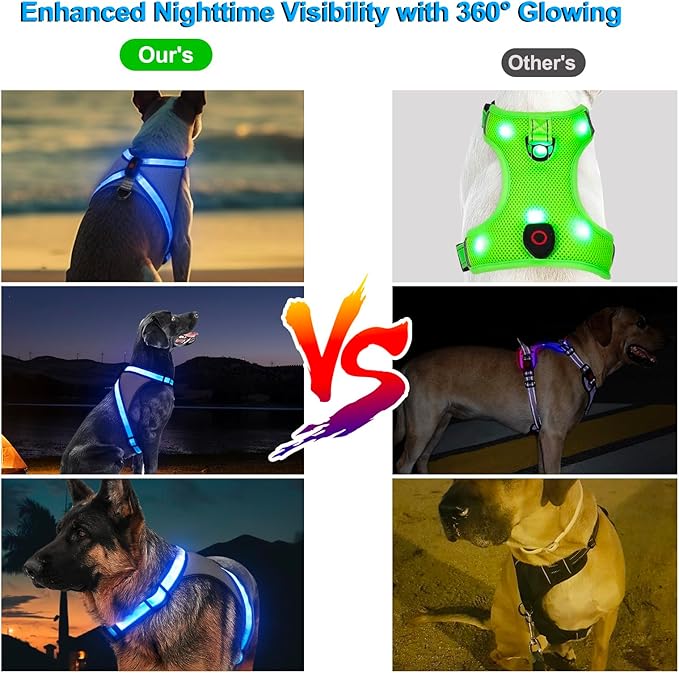 Visinite LED Dog Harness, USB Rechargeable Light Up Dog Harness Vest, 2 Illuminate Modes Glow in The Dark Dog Harness, Adjustable Lighted Dog Harness Light for Night Walking Safety