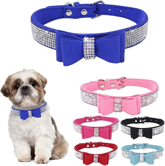 Blue XS Dog Collar with Bowtie, Rhinestone Dog Collar Crystal Jeweled Pretty Girl Bows Cat Collars Sparkling Glitter for XXS XS Small Dogs,X-Small