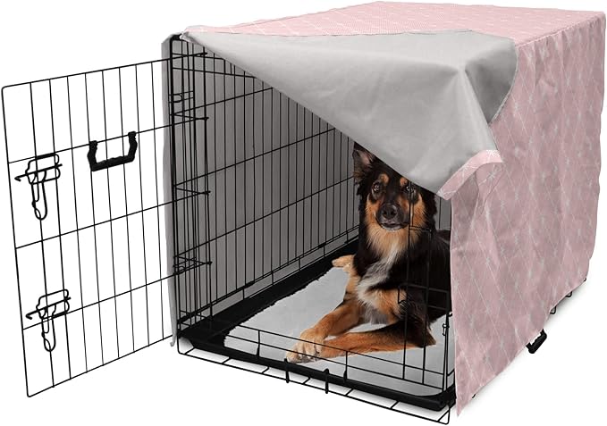 Ambesonne Blush Pink Dog Crate Cover, Abstract Monochrome Geometric Lace Inspired Grid Ornament with Stars Print, Easy to Use Pet Kennel Cover for Medium Large Dogs, 36 Inch, Blush White
