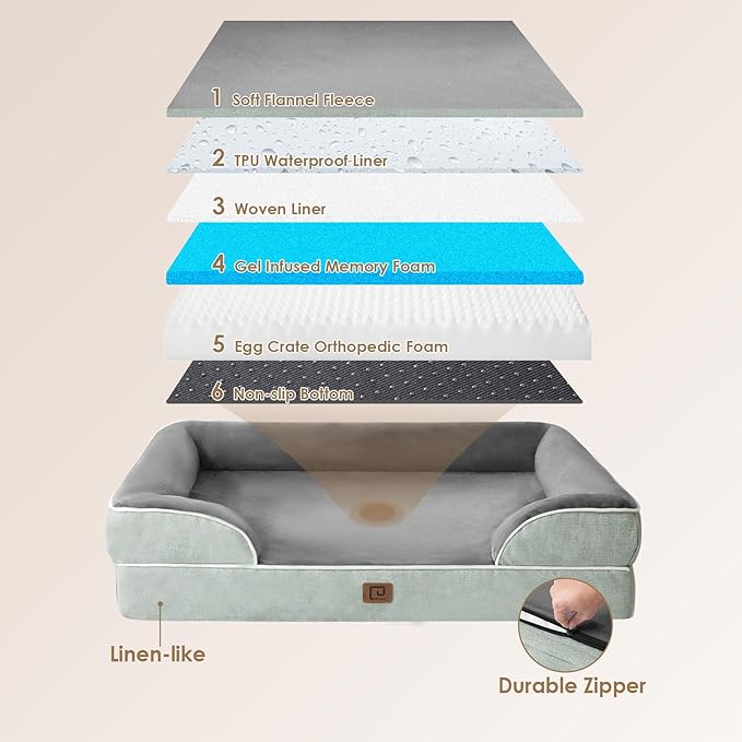 EHEYCIGA Orthopedic Dog Beds for Extra Large Dogs, Waterproof Memory Foam XL Dog Bed with Sides, Non-Slip Bottom and Egg-Crate Foam Big Dog Couch Bed with Washable Removable Cover, Greyish Green