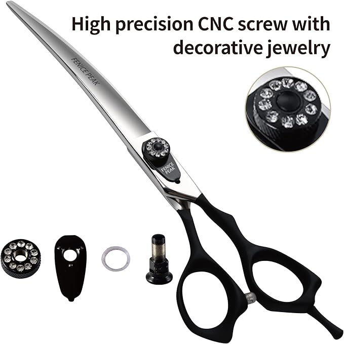 Fenice Peak 7.5'' Professional Curved Dog Grooming Scissors Heavy and Anti-Slip Black Handler 440C Stainless Steel Pet Cutting Shears Safety Trimming Shearing for Dogs Cats