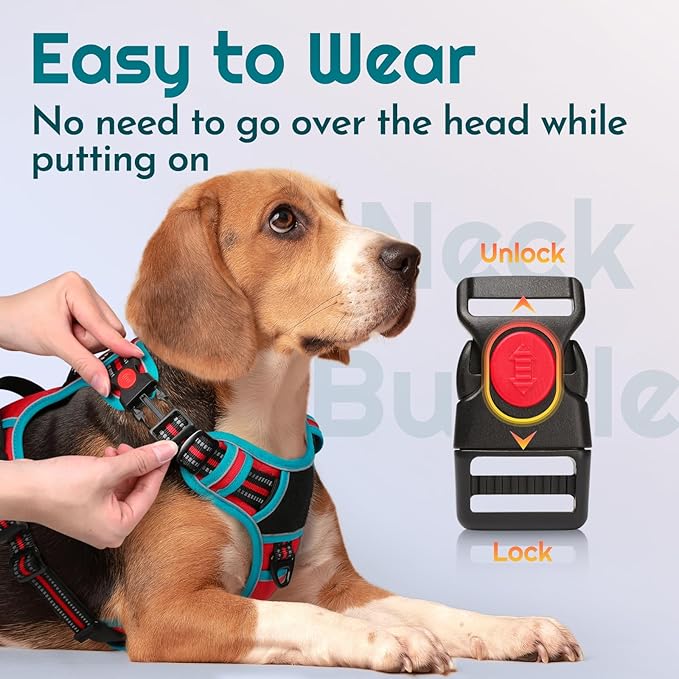 Eagloo Dog Harness Medium Sized, Easy Wearing with 3 Buckles, Adjustable No Pull Pet Harness with 2 Rings for Walking, No Chock Reflective Soft Padded Vest with Control Handle, Red & Teal, M