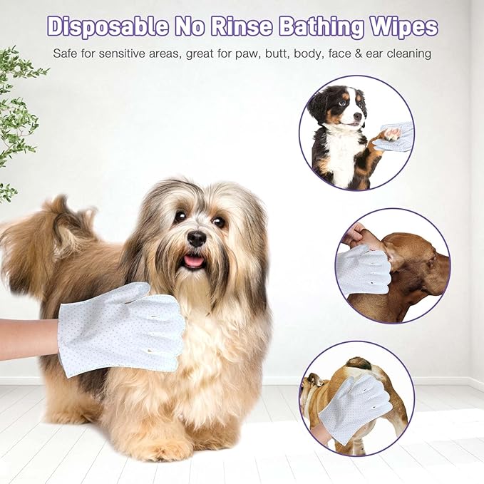 Dog Wipes 15 PCS Pet Cleaning and Deodorizing Bath Wipes for Dogs & Cats Rinse Free Grooming Gloves for Paws, Butt, Face and Fur
