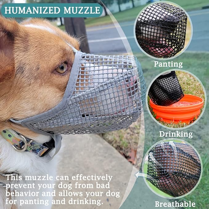 Mayerzon Dog Muzzle, Soft Mesh Covered Muzzles for Small Medium Large Dogs, Poisoned Bait Protection Muzzle with Adjustable Straps, Prevent Biting Chewing and Licking Grey
