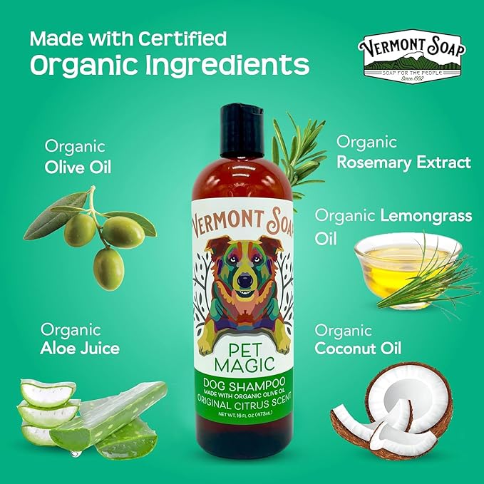 Vermont SOAP Organics Pet Shampoo - Infused with Organic & Natural Olive Oil, Coconut & Aloe Vera Dog Shampoo for Sensitive Skin - USDA Certified Grooming Pet Shampoo - Original Citrus (16oz)