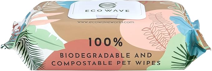 Eco Wave Hypoallergenic Plant-Based Pet Wipes, Dog and Cat Grooming Wipes for Face, Ears, Body, Butt, and Paws, Fragrance Free, Compostable, 100 Count