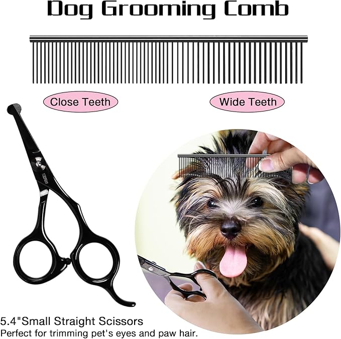 Professional Dog Grooming Scissors with Safety Round Tips, 6 in 1 Dog Grooming Scissors Kit, 4CR Stainless Steel Professional Pet Grooming Shears for Dog, Sharp and Durable, Black