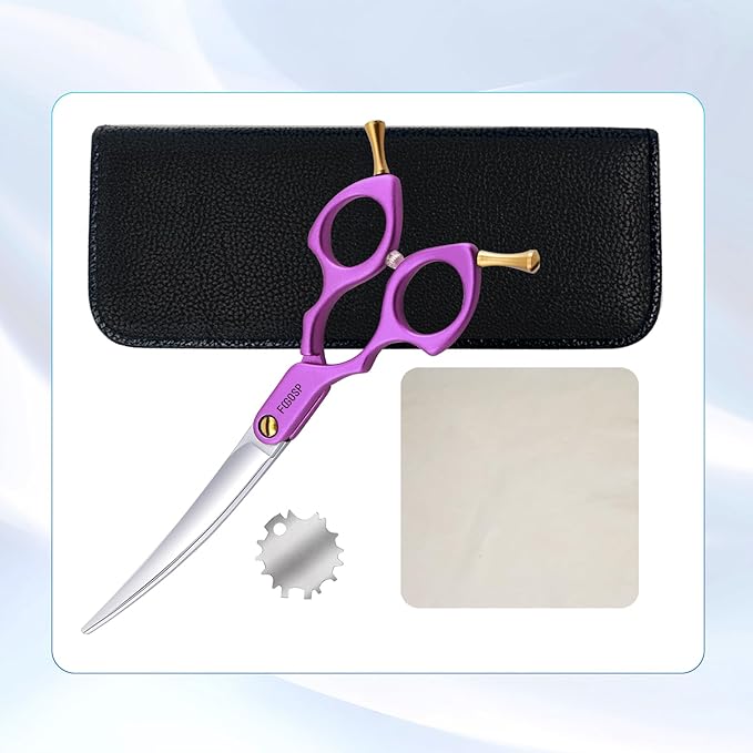 Professional Left Handed Curved Dog Grooming Scissors with Sharper Self Grinding lightweight and finely trimmed split structure 6.5'' Japan VG10 63HRC for small dogs cat pet(Purple)