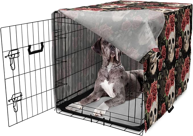 Lunarable Halloween Dog Crate Cover, Mexican Sugar Skull Rose Bouquets Spooky Traditional Humour Culture, Easy to Use Pet Kennel Cover for Medium Large Dogs, 48 Inch, Black Grey