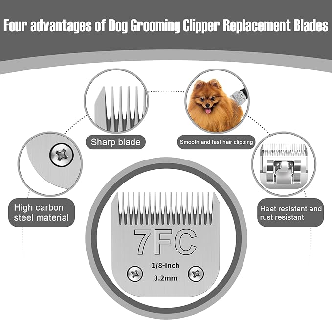 7FC Detachable Pet Clipper Replacement Blades Compatible with Andis/Oster A5/Wahl KM10 Series Dog Clipper,Made of Ceramic Blade & Stainless Steel Blade,Size 7FC Cut Length 1/8-Inch（2 Pack）