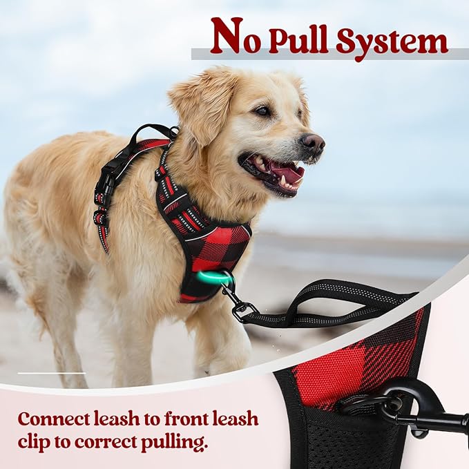 rabbitgoo Dog Harness for Large Dogs No Pull, Comfortable Padded Plaid Dog Harness with Handle Easy Control, Adjustable Reflective Puppy Pet Harness Vest with 2 Leash Clips, Red Plaid, L