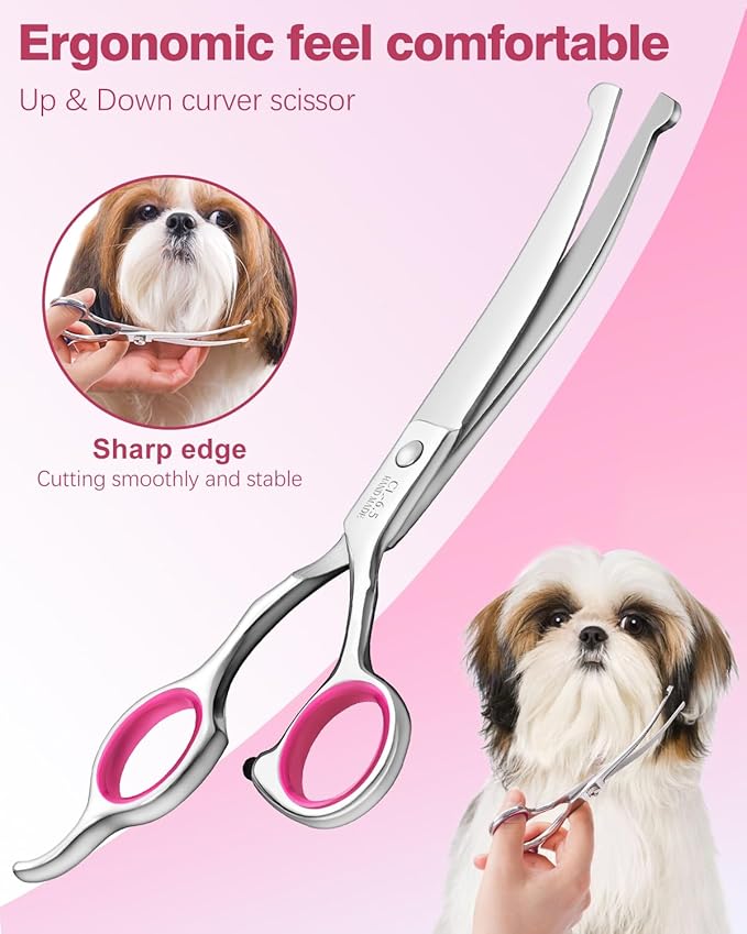 Furry Grooming Scissors with Safety Round Heads. Dog Grooming Scissors, 5CR 6 in 1 Dog Grooming Scissors, Curved Dog Grooming Scissors, Professional Pet Grooming Scissors Set for Dogs and Cats