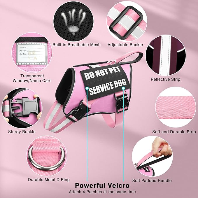 Service Dog Vest Harness+ID Tag+10 Patches,Metal Serivce Dog Tag&Reflective Emotional Support Dog Vest with Handle for Small Dogs,Easy Put On/Off for Training/Walking/Everyday Pink S