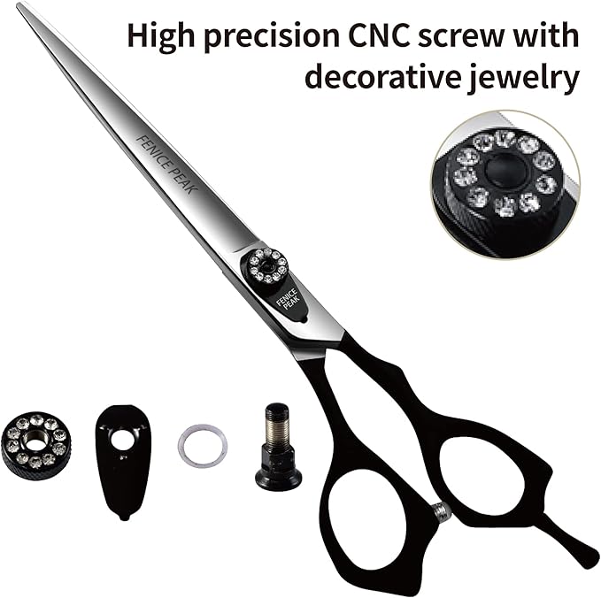 Fenice Peak 7'' Dog Straight Scissors for Grooming Heavy and Anti-Slip Black Handler 440C Stainless Steel Professional Pet Trimming Scissors Sharp Blades Cutting for Dogs and Cats