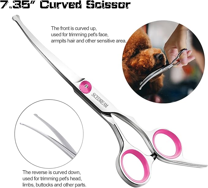 Dog Grooming Scissors With Safety Round Tips 5 in 1 - 4CR Stainless Steel Professional Pet Shears for Dogs and Cats, Pink