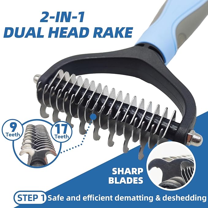 Dog Brush for Shedding, 7 PCS Pet Grooming Kit including Dog Grooming Brush, Deshedding Tool, Dematting Comb, Nail Clipper, Bath Brush for Long & Short Haired Dogs, Cats - Blue