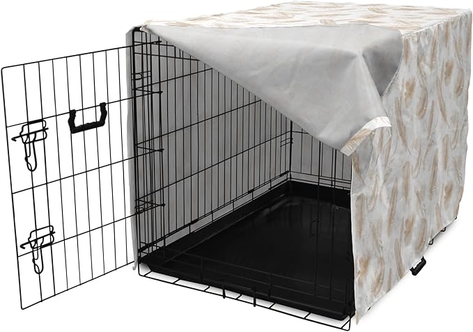 Lunarable Cream Dog Crate Cover, Fluffy Soft Flying Bird Feathers Hand Drawn Style Tender Nature Plumage Pattern, Easy to Use Pet Kennel Cover for Cats & Medium Dogs, 24 Inch, Pale Tan White