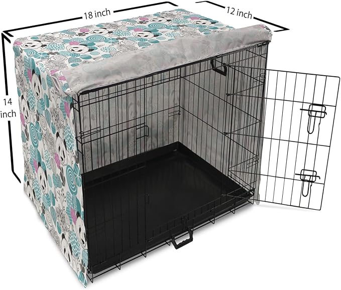Lunarable Panda Dog Crate Cover, Portraits of Chinese Bears on Sketch Flowers and Abstract Circular Shapes, Easy to Use Pet Kennel Cover for Small Dogs Puppies Kittens, 18 Inch, Slate Blue Pink Grey