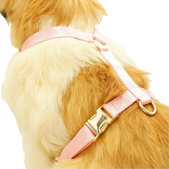 Nylon No Pull Dog Harness with Gold Metal Buckles,Easy Walking and Training Dog Harness (Pink, L)