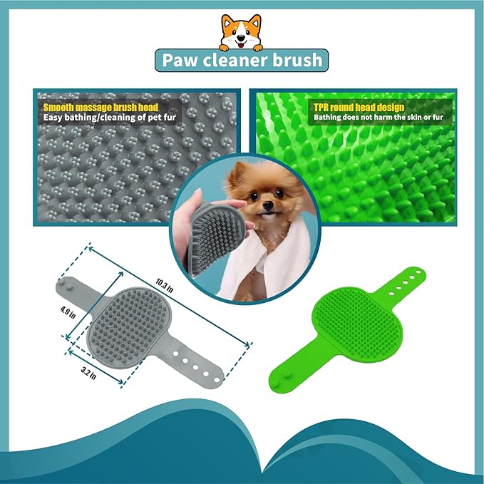 Paw Cleaner with Handle for Dogs (with 2 Absorbent Towels & 2 Adjustable Bath Brushes for Short and Long Hair), Muddy Foot Washer, Green, Medium