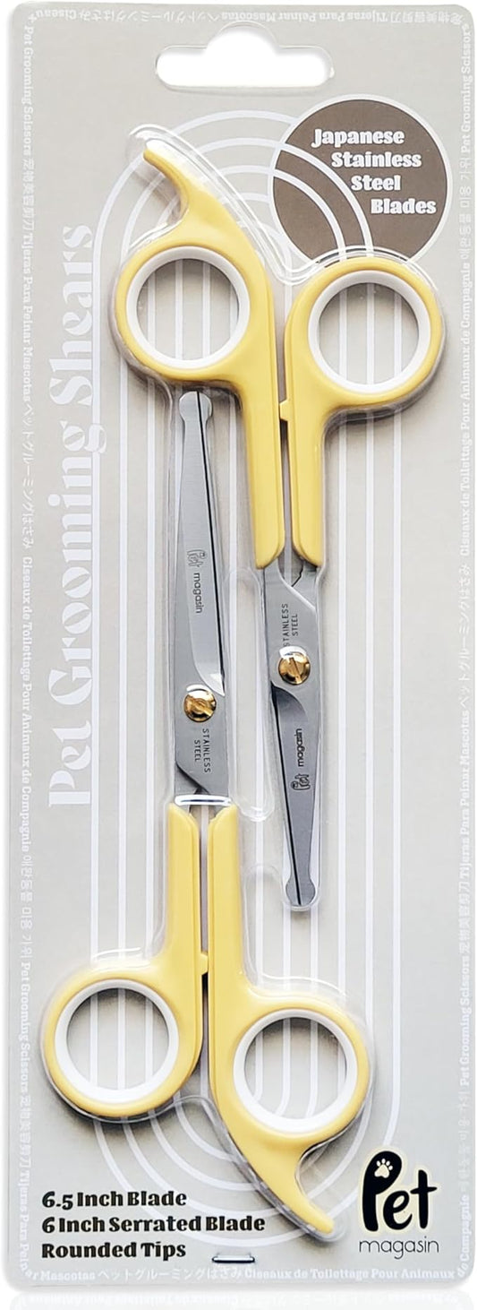Pet Magasin Japanese Stainless Steel Grooming Scissors (2) for Facial Hair and Larger for Body Trimming with Round Tip (Yellow)