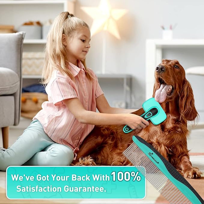 Dog Brush for Shedding, Self-Cleaning Slicker Brush, Short & Long Haired Pets, Removes Mats, Tangles, Loose Fur, Gentle on Skin, Ideal for Small, Medium, Large Dogs, Pet Comb, Aqua Green