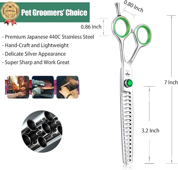 PURPLEBIRD 7 Inch Straight Dog Grooming Scissors Professional Pet Chunker Shears Safety Noiseless Blunt Tip Trimming Shearing for Dogs Cats Japanese Stainless Steel Silver