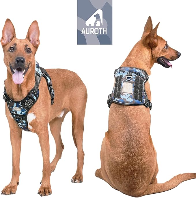 Auroth Tactical Dog Training Harness No Pulling Front Clip Leash Adhesion Reflective K9 Pet Working Vest Easy Control for Small Medium Large Dogs Blue Camo XL