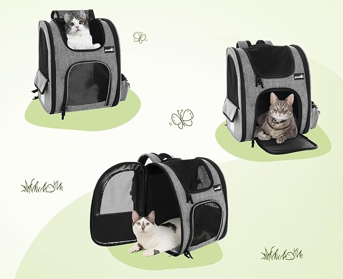 Pecute Cat Backpack with Breathable Mesh, Dog Backpack Carrier with Multi-Pockets, Cat Carrier Backpack Comfortable, Cat Backpack Carrier for Travel Hiking and Camping Gray