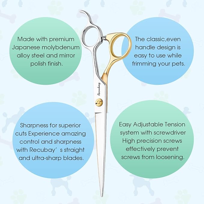 Dog Cat Scissors for Grooming, Pet Shears for Thick Coats and Matted Hair, Thinner Curved Straight Chunker Stainless Steel Shears (7.0" Straight Gold-Silver)