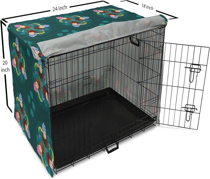 Lunarable Mermaid Dog Crate Cover, Smiling Happy Cheerful Mermaids with Seashells Scallops Exotic Waters Spirals, Easy to Use Pet Kennel Cover for Cats & Medium Dogs, 24 Inch, Teal Multicolor