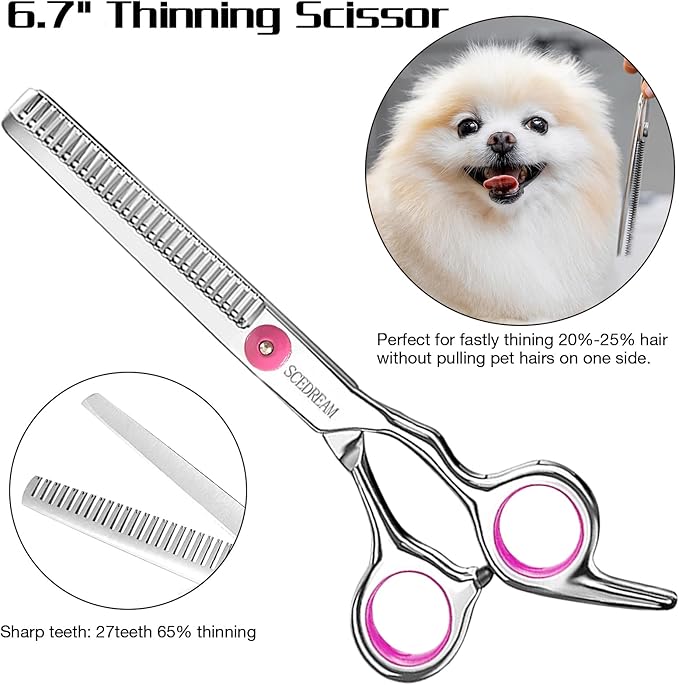Professional Dog Grooming Scissors with Safety Round Tips, 5 in 1 Dog Grooming Scissors Kit, 4CR Stainless Steel Professional Pet Grooming Shears for Dog, Sharp and Durable, Pink