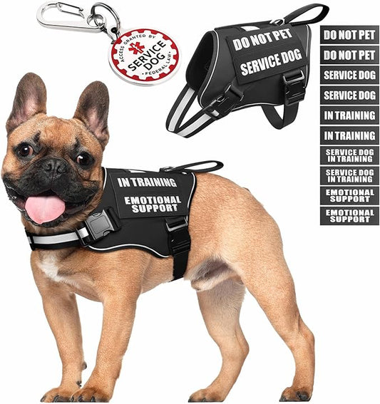 Service Dog Vest Harness+ID Tag+10 Patches,Metal Serivce Dog Tag&Reflective Emotional Support Dog Vest with Handle for Small Dogs,Easy Put On/Off for Training/Walking/Everyday Black S
