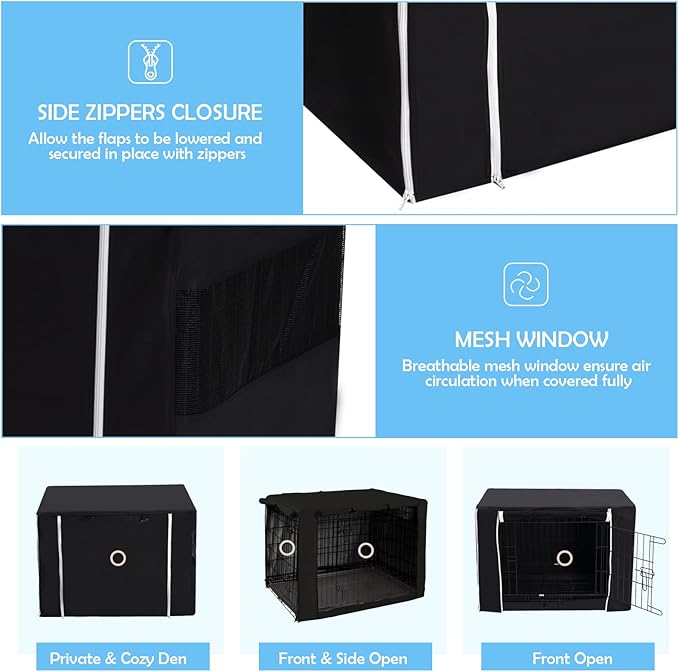 Dog Crate Cover for Wire Crates Kennel 2 Doors Heavy Duty Waterproof Windproof Soundproof Pet Cage Cover Home Decoration - Cover only - Black - Fits 30 Inch Crates