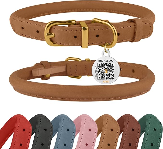 BRONZEDOG Rolled Leather Dog Collar with QR ID Tag Adjustable Soft Round Collars for Small Medium Large Dogs Puppy Cat (9" - 11" Neck Size, Light Brown)