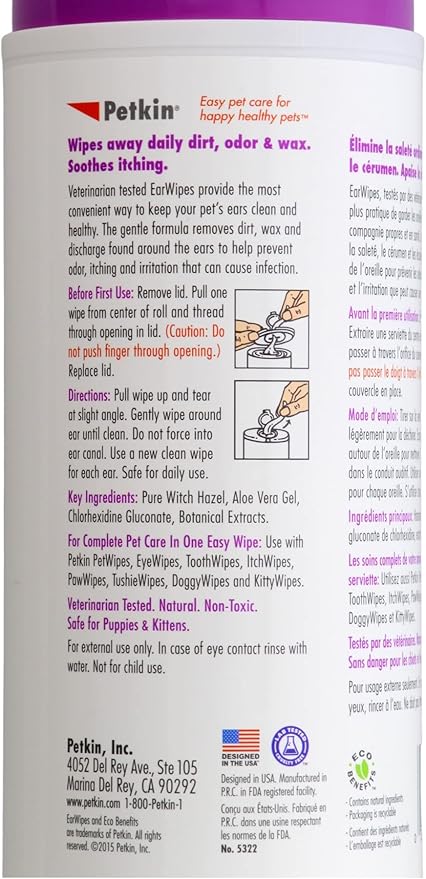Petkin Jumbo Pet Ear Wipes, 80 Extra Moist Wipes, 2 Pack -Soothing & Deodorizing Pet Ear Cleaner to Remove Dirt, Odor, & Wax-Safe, Convenient, & Easy to Use Pet Wipes for Dogs, Cats, Puppies & Kittens