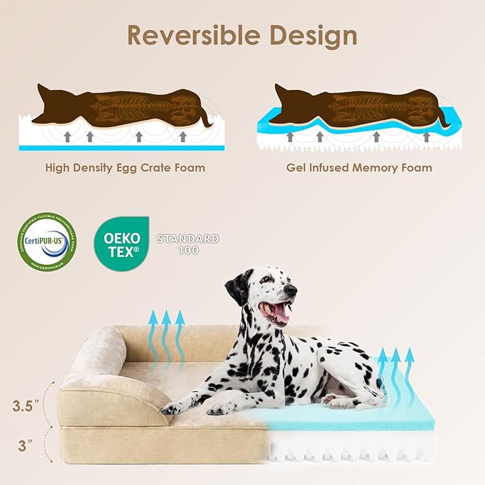 EHEYCIGA Orthopedic Dog Beds for Large Dogs, Waterproof Memory Foam Large Dog Bed with Sides, Non-Slip Bottom and Egg-Crate Foam Large Dog Couch Bed with Washable Removable Cover, Greige