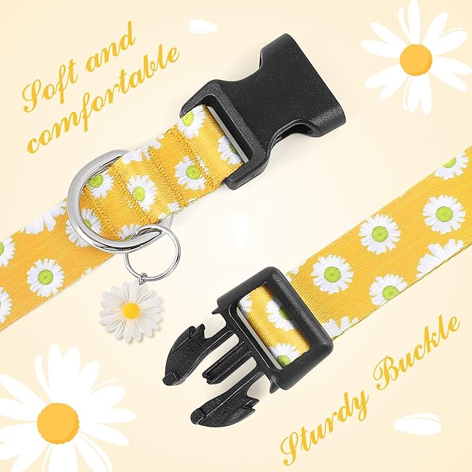 BiPawTi Dog Collars - Cute Flower Collar for Small Dog with Daisies Charms, Pretty Floral Dogs Collar for Female Dogs Puppy Girls Boys Pet (S, Yellow)