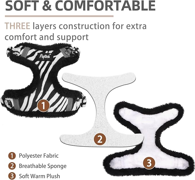 PUPTECK No Pull Dog Harness and Leash Set Reflective No Choke Step in Puppy Halter for XS Small and Medium Sized Dogs, White Zebra Print, Plush, XS