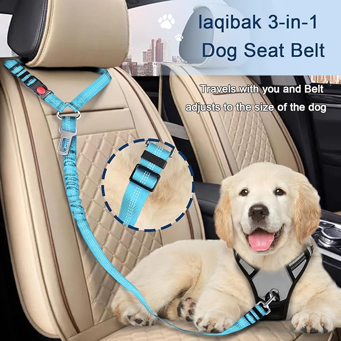 Dog Seat Belt for car, 3 Piece Set Retractable Dog Car Harness 2 Pack Adjustable Seatbelt for Dog in car, Nylon Pet Safety Seat Belts Tether Heavy Duty and Reflective Dog car Leash, Blue