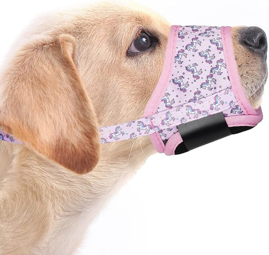 LUCKYPAW Dog Muzzle, Soft Dog Muzzles for Small Medium Large Dogs, Breathable Muzzles to Stop Biting and Chewing with Pattern, Allows Panting and Drinking (S-(Snout 4¾"-6"), Pink Unicone)